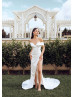 Off Shoulder White Satin High Slit Sexy Wedding Dress